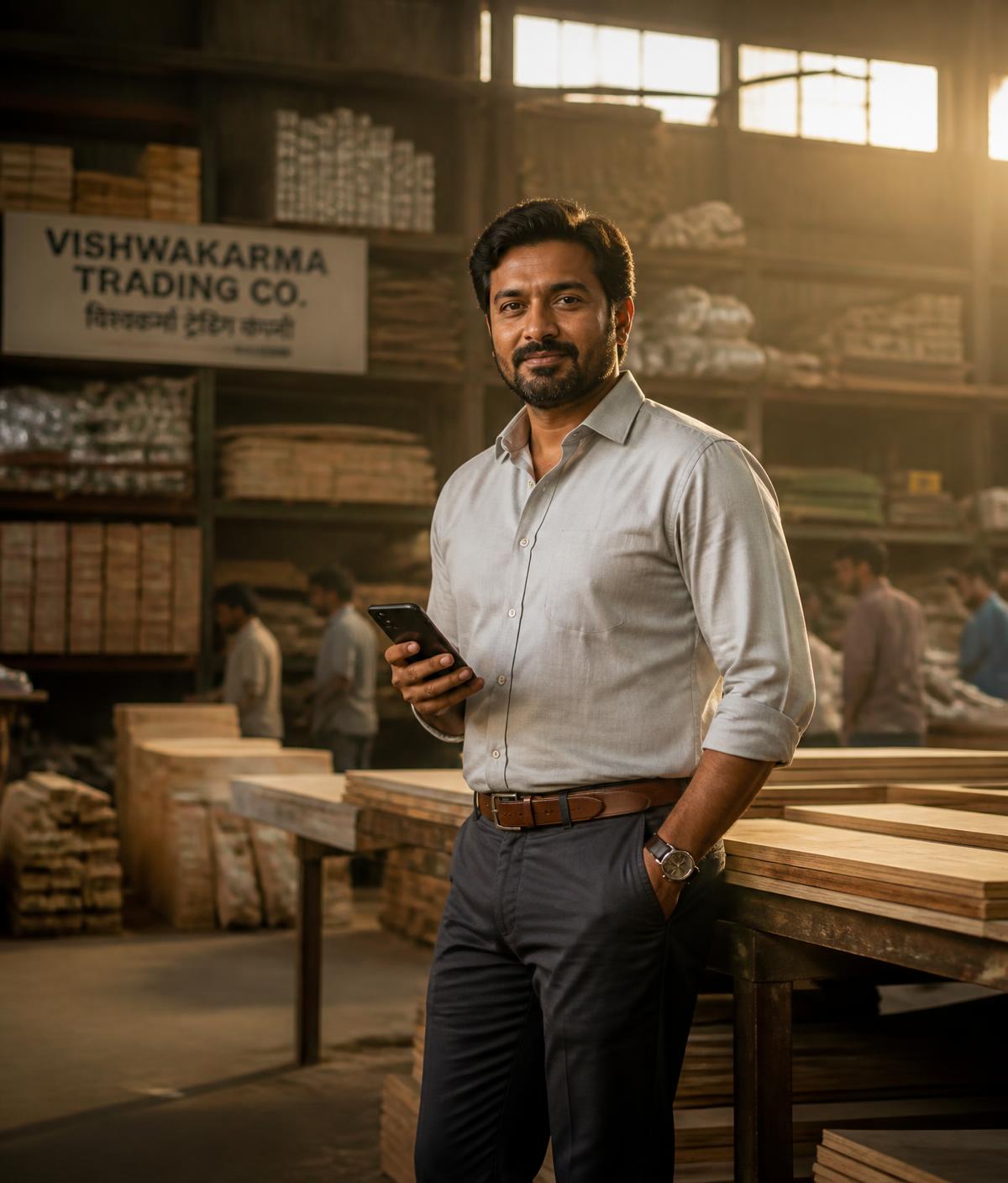 Trading business owner answering buyer messages on his phone