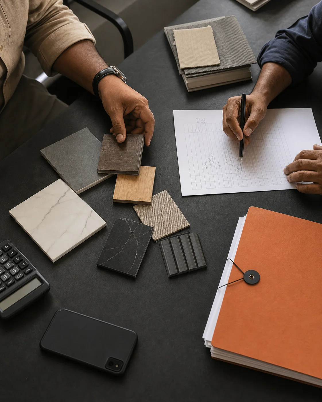 Two collaborators organizing material samples and quote details
